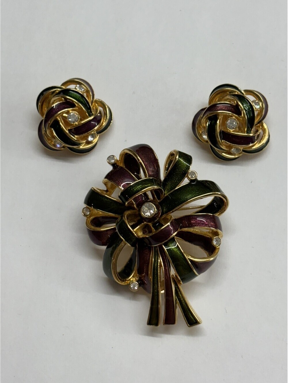 Joan Rivers Purple and Green Enamel Rhinestone Ribbon Bow Brooch and earrings